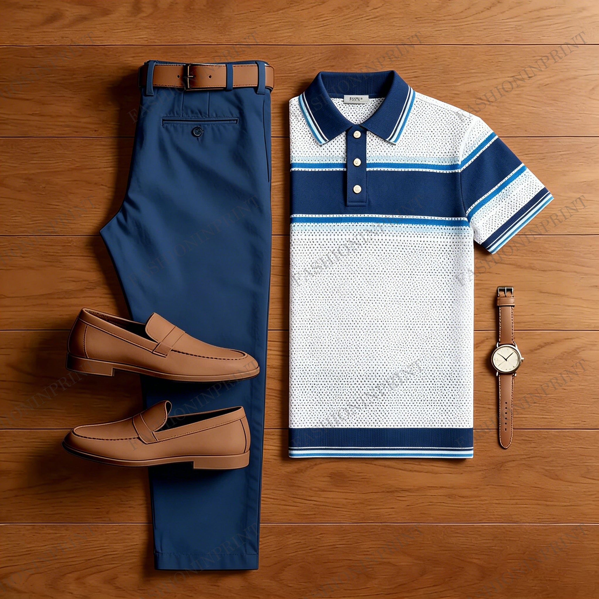 Men's Casual White Geometry Printed Polo Shirt And Pants Two-Piece Set