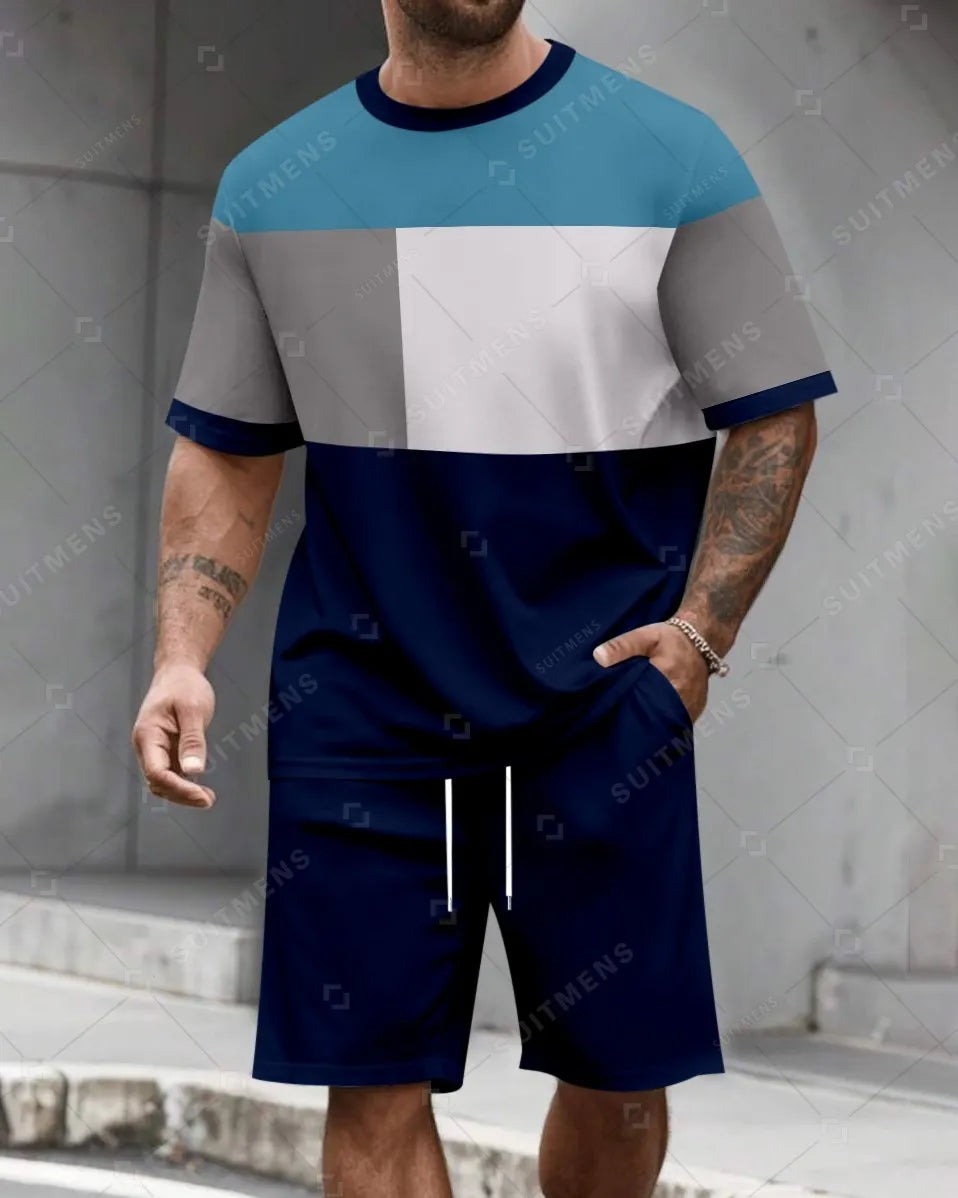 Men's Summer Colorblock Printed Round Neck Set 489