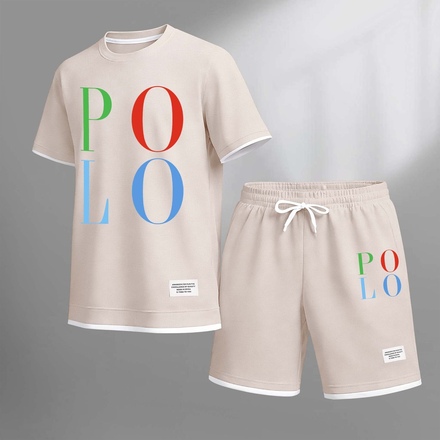 Men's Polo Print Drawstring Shorts Set For Spring/Summer. A Casual Summer Outfit, Including A Short-Sleeved Shirt And Shorts, Suitable For Everyday Wear And Sports. A Two-Piece Set For A Relaxed And Energetic Lifestyle.