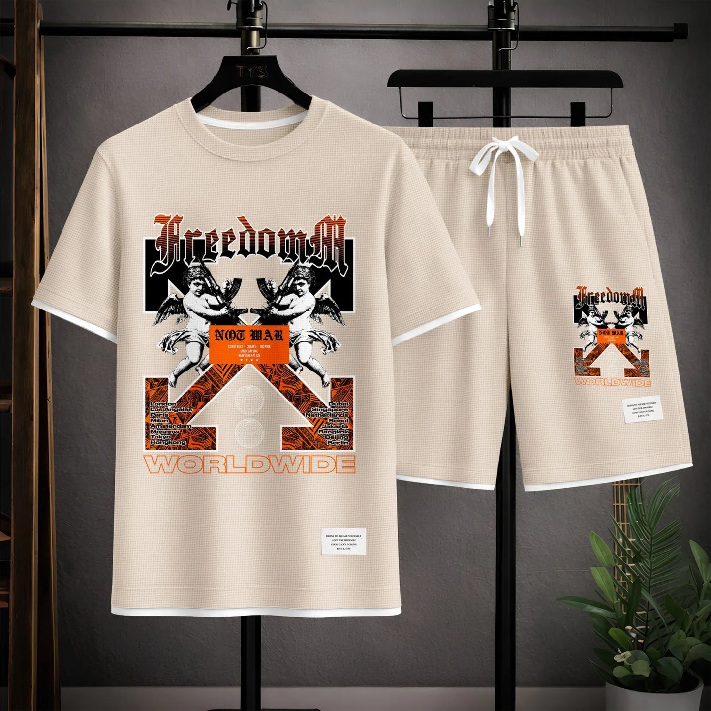 Men's Angel Graphic Print Short Sleeve Shirt and Drawstring Shorts Set, Casual Summer Two-Piece Outfit, Lightweight Breathable Relaxed Fit Athletic Set for Daily Wear, Beach, Vacation, Travel & Loungewear