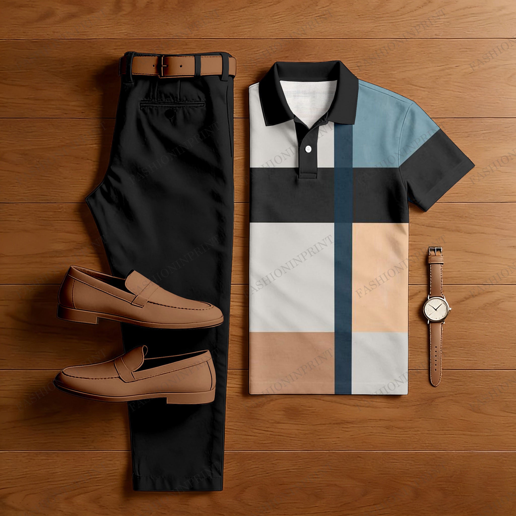 Men's Casual Black & Light Gray Color Matching Printed Short Sleeved Polo Shirt & Black Trousers Two-Piece Set