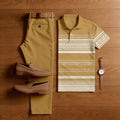 Men's Casual Yellow & White Color Matching Striped Printed Short Sleeved Polo Shirt & Trousers Two-Piece Set