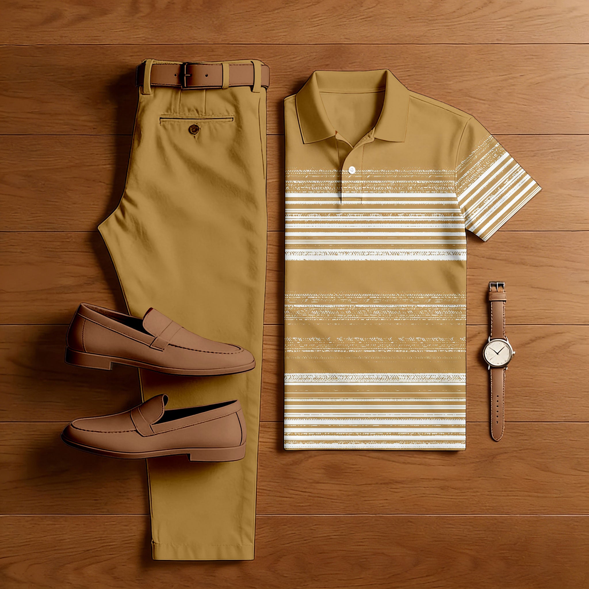 Men's Casual Yellow & White Color Matching Striped Printed Short Sleeved Polo Shirt & Trousers Two-Piece Set