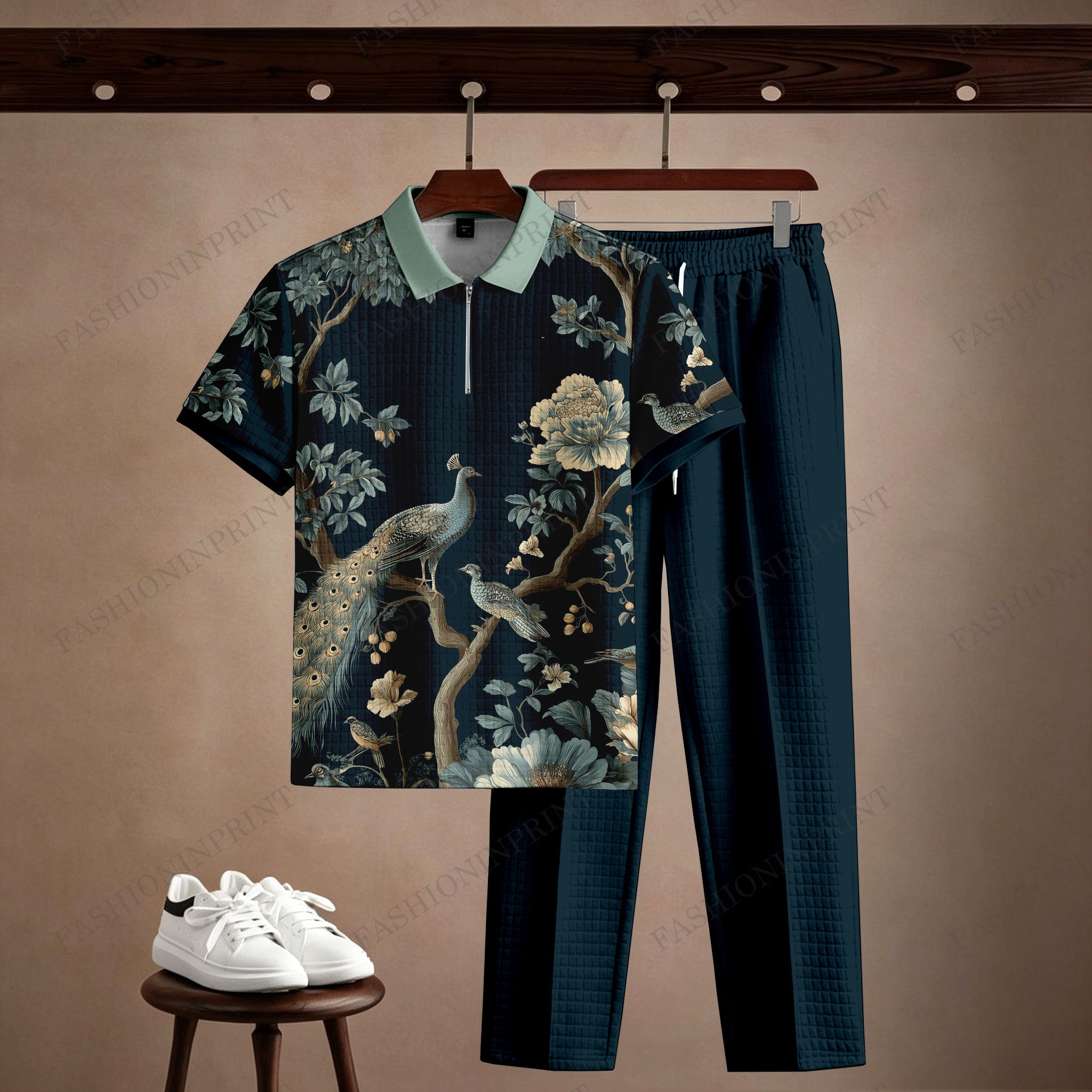 Men's Casual Dark Peacock Printed Polo Short-Sleeve T-Shirt And Pants Two-Piece Set