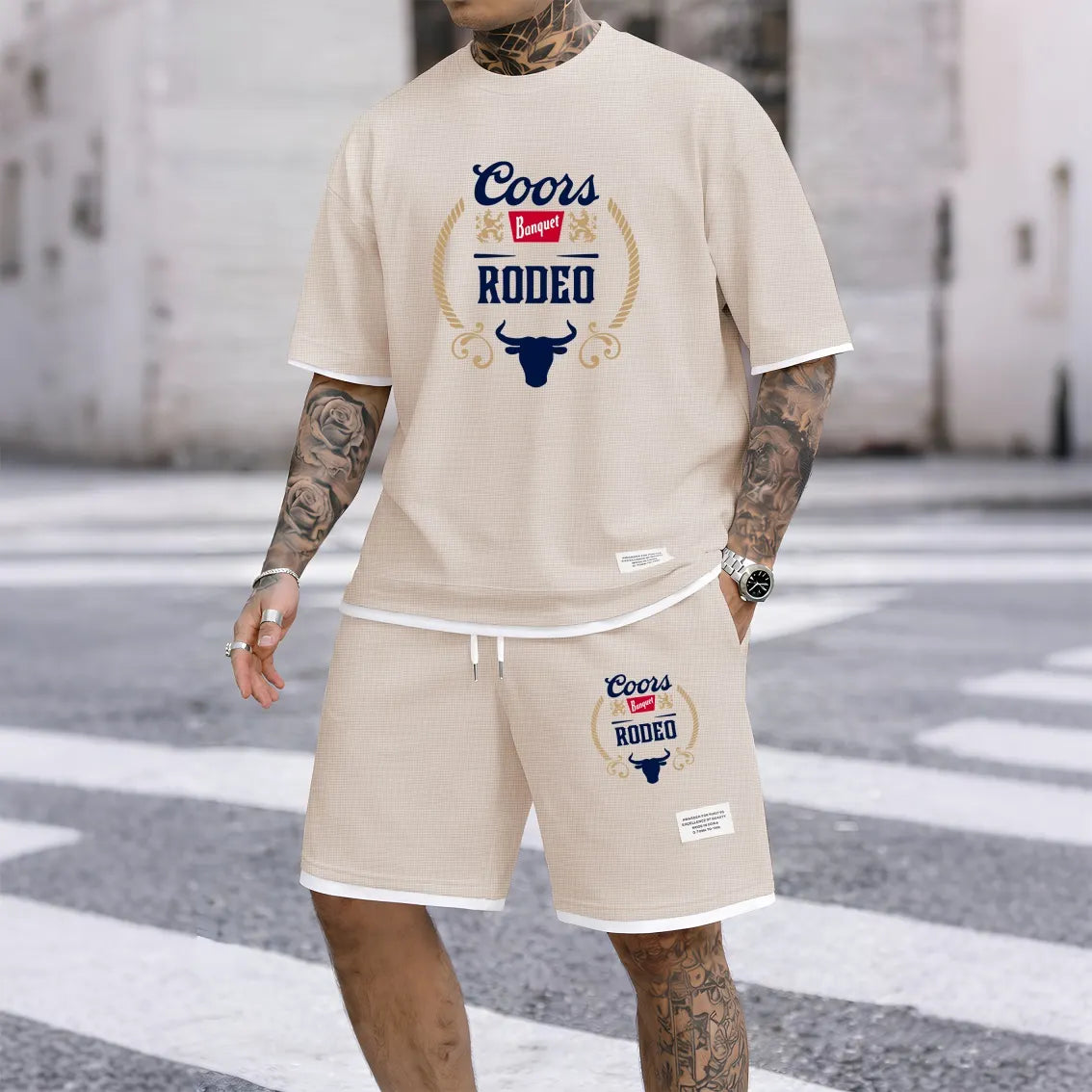 Men's American Lager Print Waffle Fabric Short-Sleeved Shirt And Shorts Set