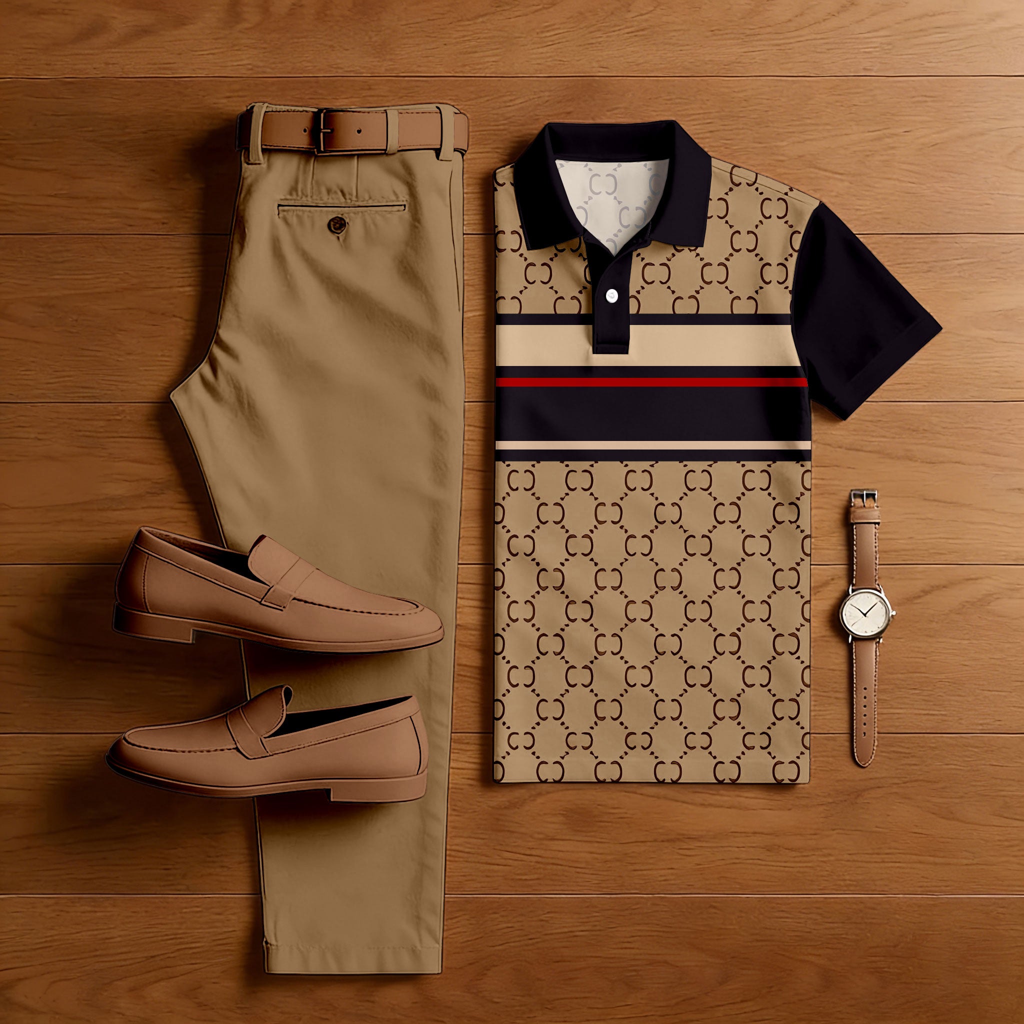 Men's Casual Tan & Black Color Matching Vintage Printed Short Sleeved Polo Shirt & Trousers Two-Piece Set