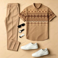 Men's Casual Color-Blocked Printed Crew Neck Short-Sleeved Shirt And Trousers Two-Piece Set