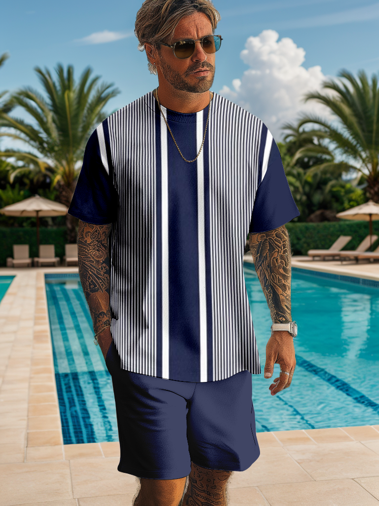 Men's Classic Retro Striped Printed Shorts Set 493