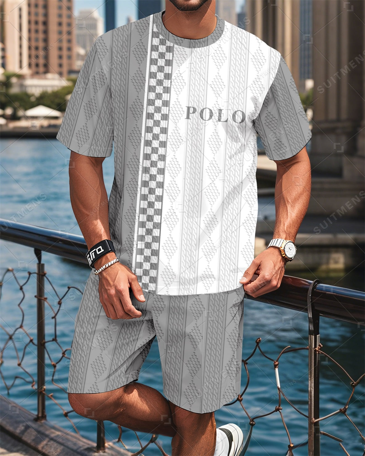 Men's Colorblock Round Neck Jacquard Texture Print Shorts Set  005