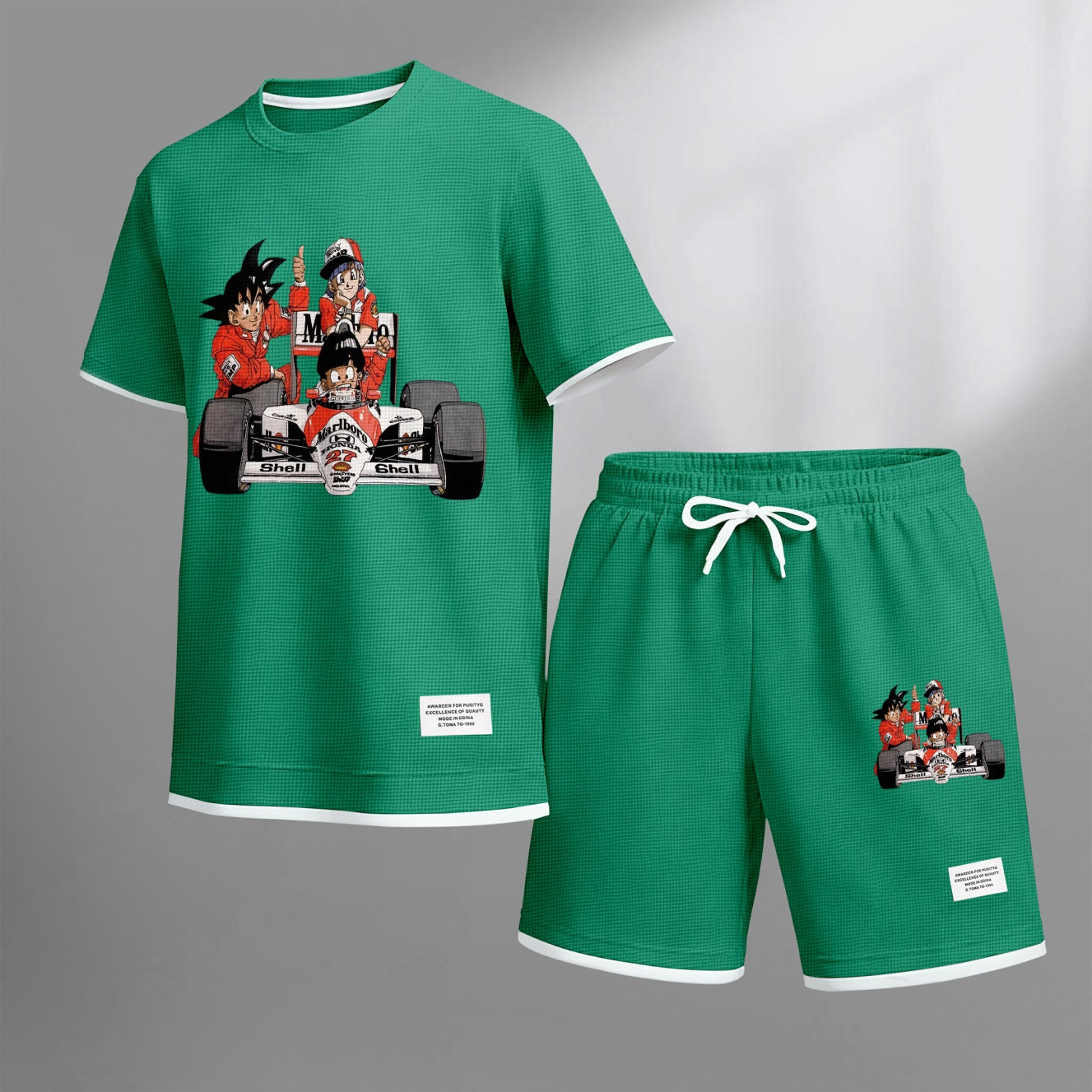 Men's Anime Racing Print Waffle Fabric Short-Sleeved Shirt And Shorts Set