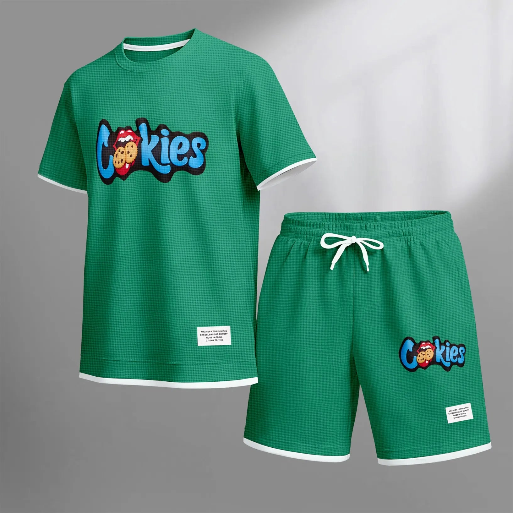Men's cookie print drawstring shorts set is an ideal choice for spring and summer. This casual summer set includes a short-sleeved shirt and a pair of shorts, suitable for everyday wear and sports