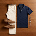 Men's Casual Navy Blue & Khaki Color Matching Short Sleeved Polo Shirt & Trousers Two-Piece Set