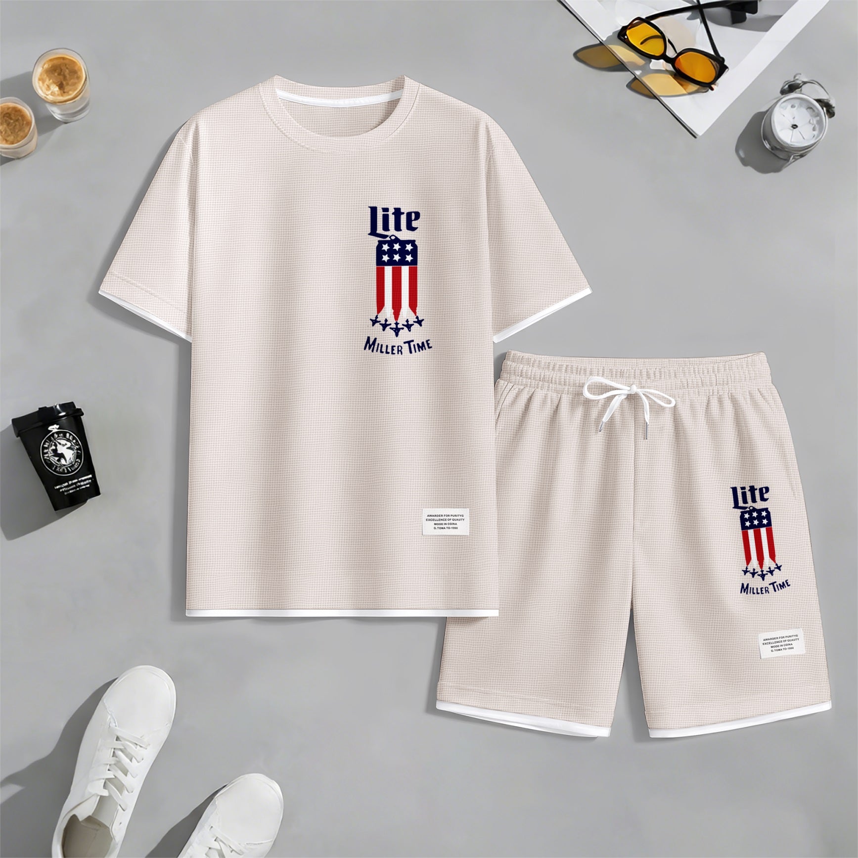 Men's Beer And Beverage Printed Drawstring Shorts Set, Suitable For Spring And Summer Wear, Casual Summer Set, Including Short-Sleeved Shirt And Shorts, Suitable For Everyday Wear And Sports 012