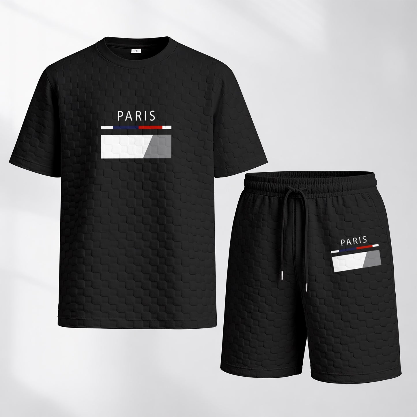 Men's Spring and Summer Paris Letter Print Checkered Fabric Drawstring Shorts Set, Casual Summer Outfit with Short-Sleeved Shirt and Shorts, Ideal for Everyday Wear and Sports Activities