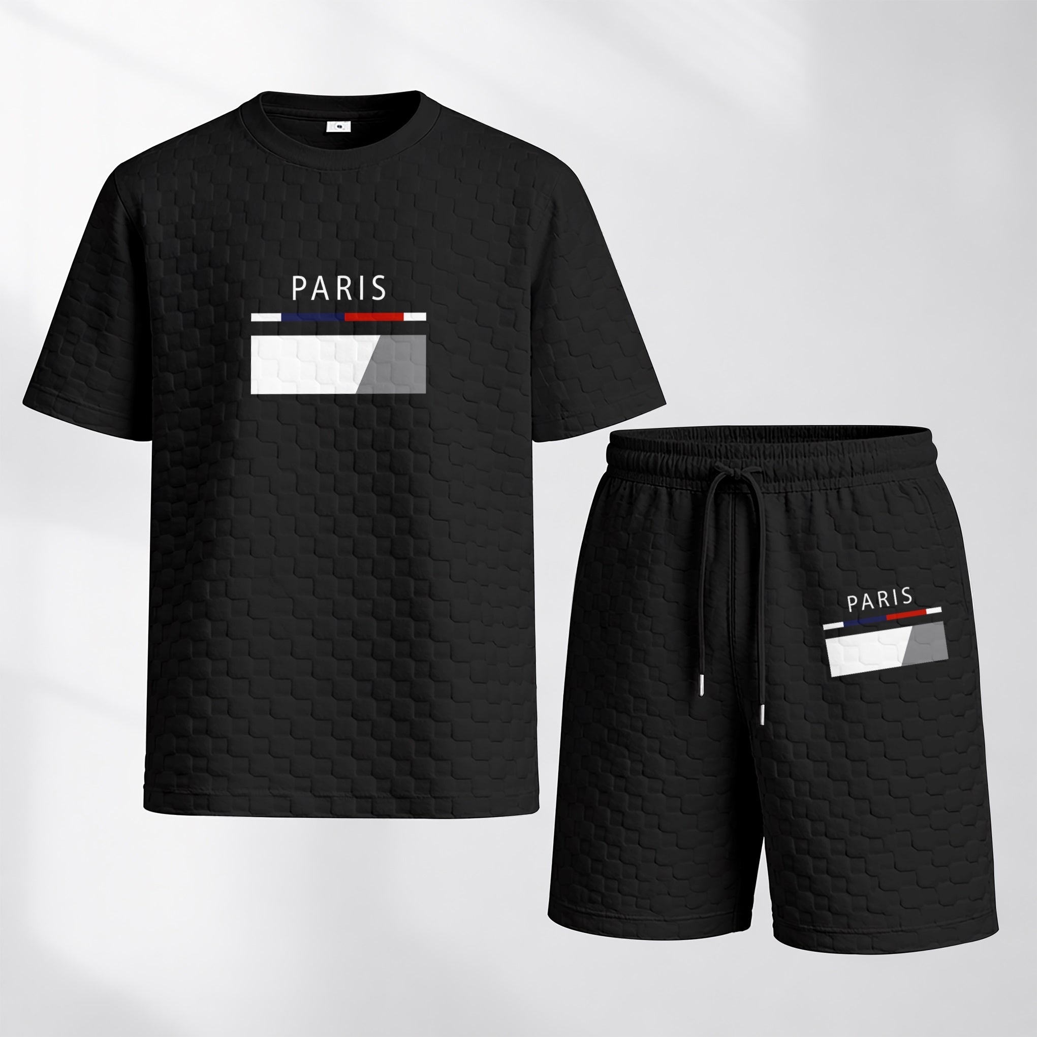 Men's Spring and Summer Paris Letter Print Checkered Fabric Drawstring Shorts Set, Casual Summer Outfit with Short-Sleeved Shirt and Shorts, Ideal for Everyday Wear and Sports Activities
