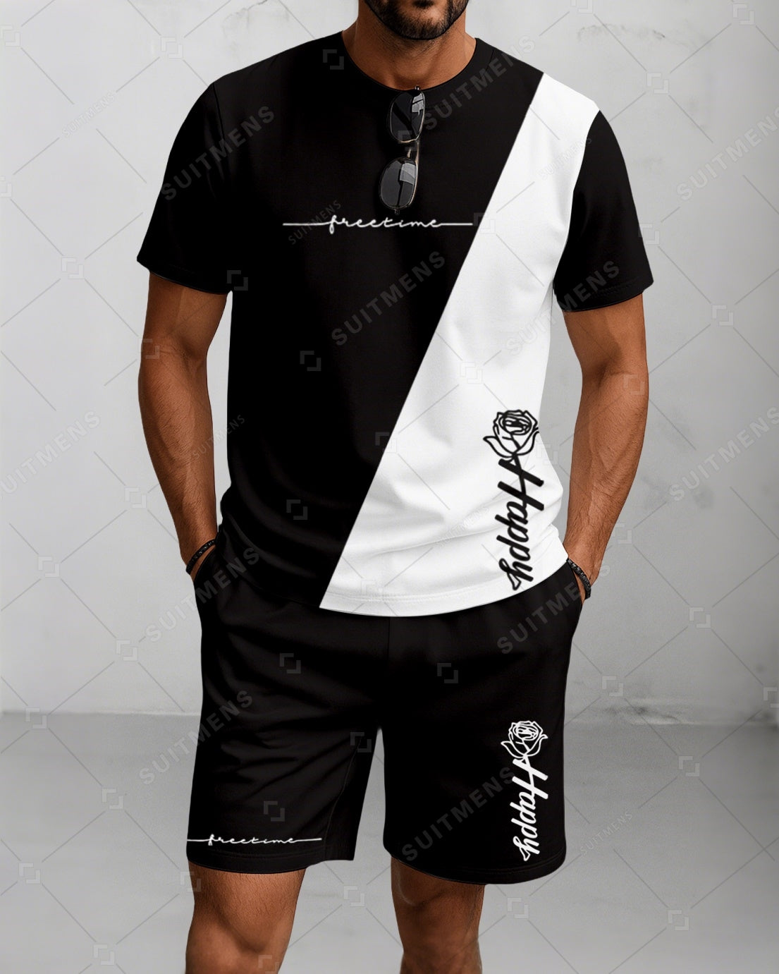 Men's Summer Colorblock Printed Round Neck Suit 072