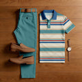 Men's Casual Green Stripes Printed Polo Shirt And Pants Two-Piece Set