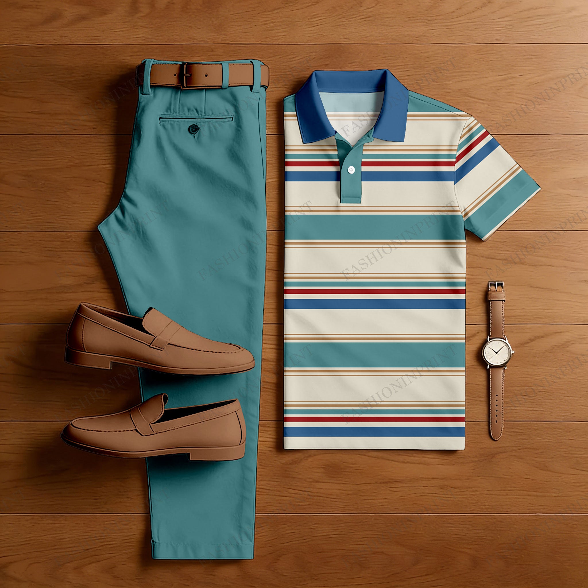 Men's Casual Green Stripes Printed Polo Shirt And Pants Two-Piece Set
