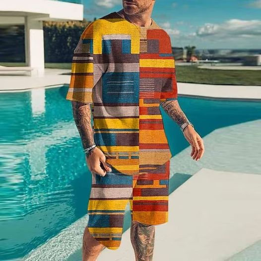 Suitmens Men's Colorblock Print Shorts Set 358