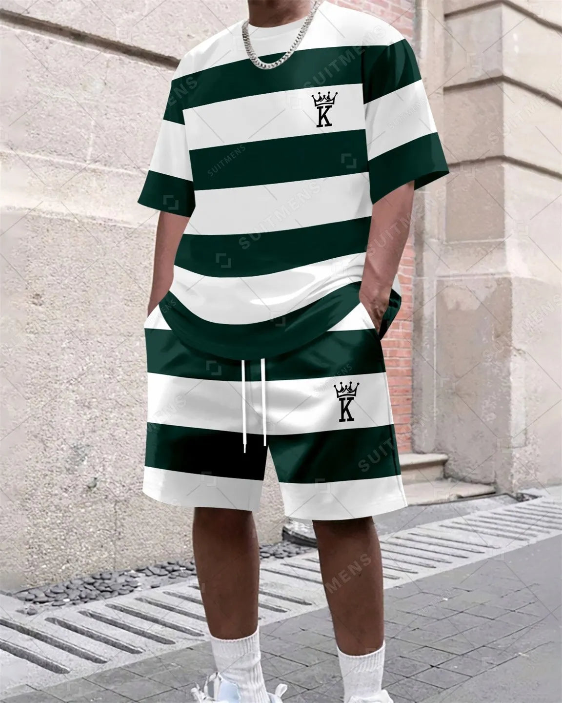 Men's Summer Colorblock Printed Round Neck Set 385