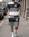 Men's Summer Colorblock Printed Round Neck Set 278