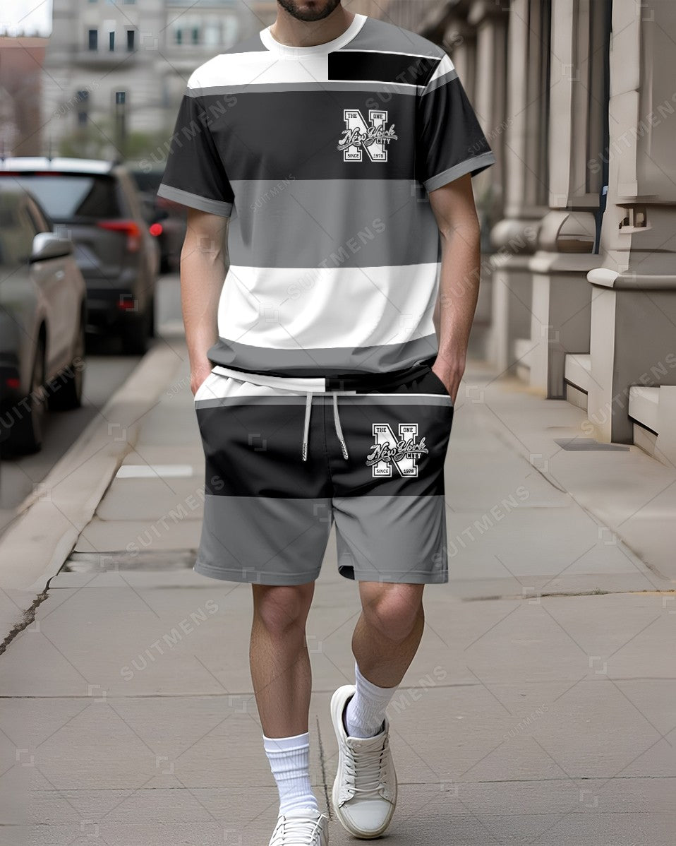 Men's Summer Colorblock Printed Round Neck Set 278