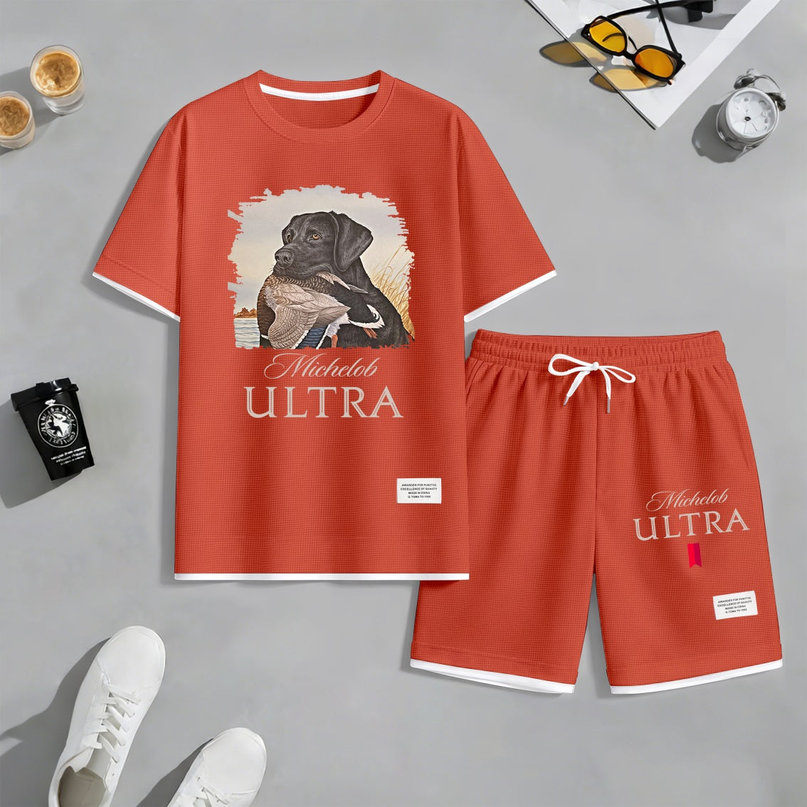Men's Outdoor Hunting Black Dog Print Waffle Fabric Short-Sleeved Shirt And Shorts Set