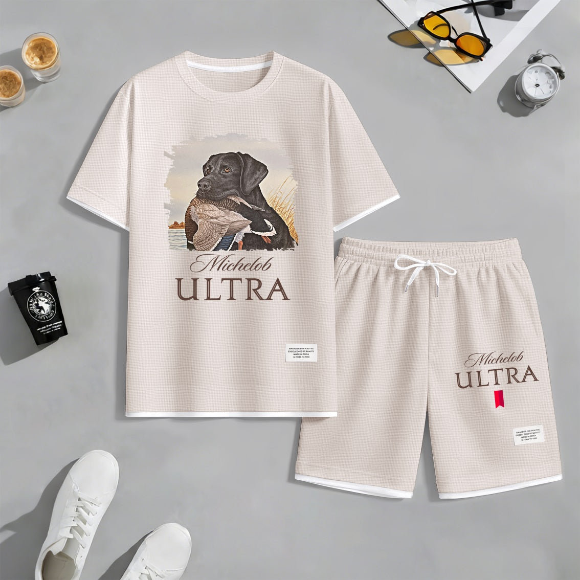 Men's Outdoor Hunting Black Dog Print Waffle Fabric Short-Sleeved Shirt And Shorts Set