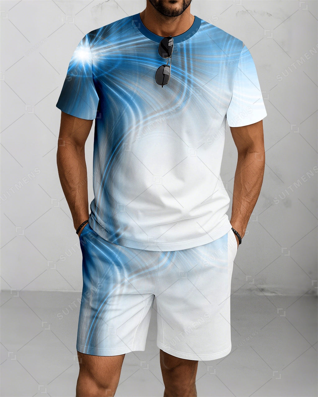 Men's Summer Colorblock Printed Round Neck Suit 082