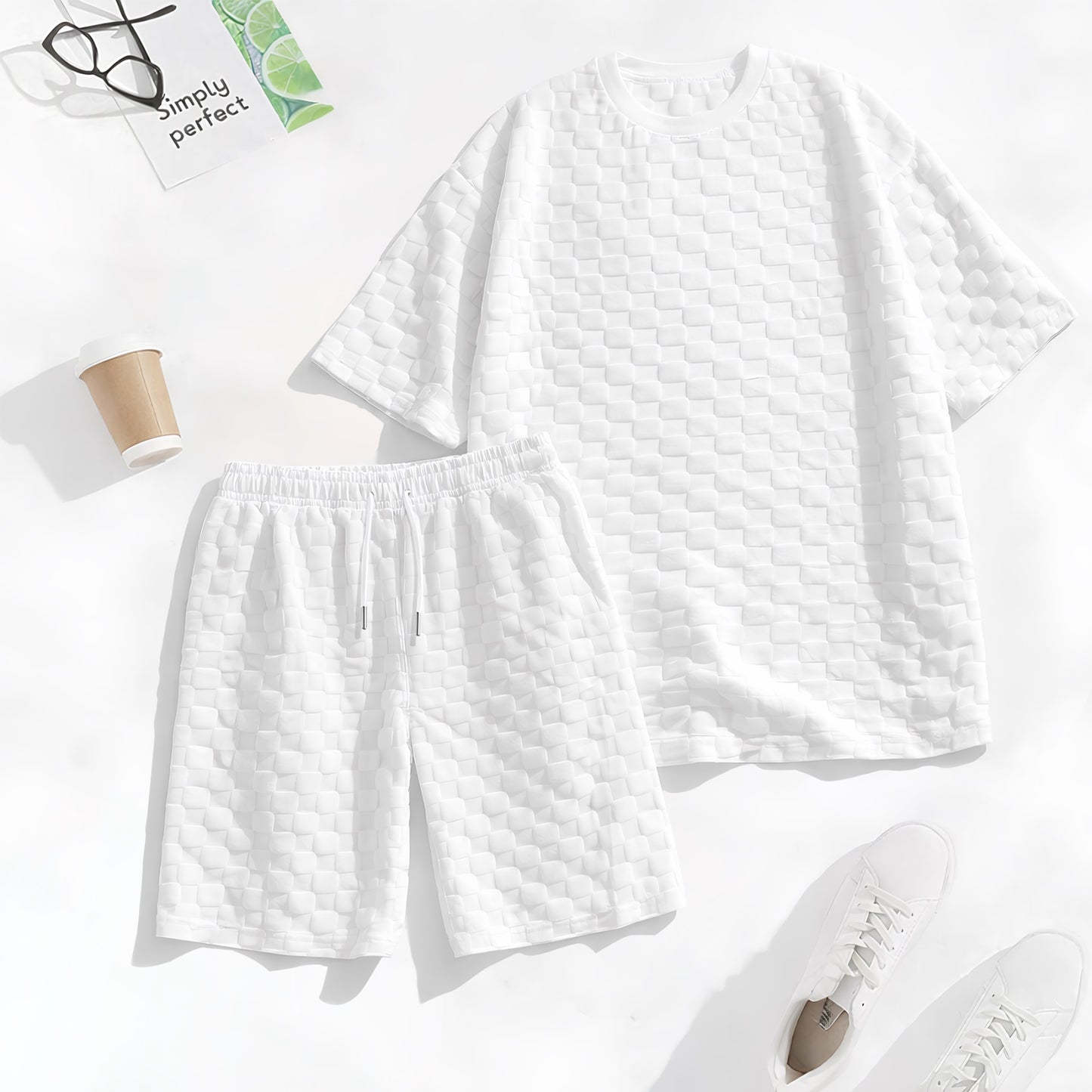 Men's Spring And Summer Drawstring Shorts Set, A Casual Summer Outfit, Including A Short-Sleeved Shirt And Shorts, Suitable For Everyday Wear And Sports Activities. A Two-Piece Set For A Relaxed And Active Lifestyle.