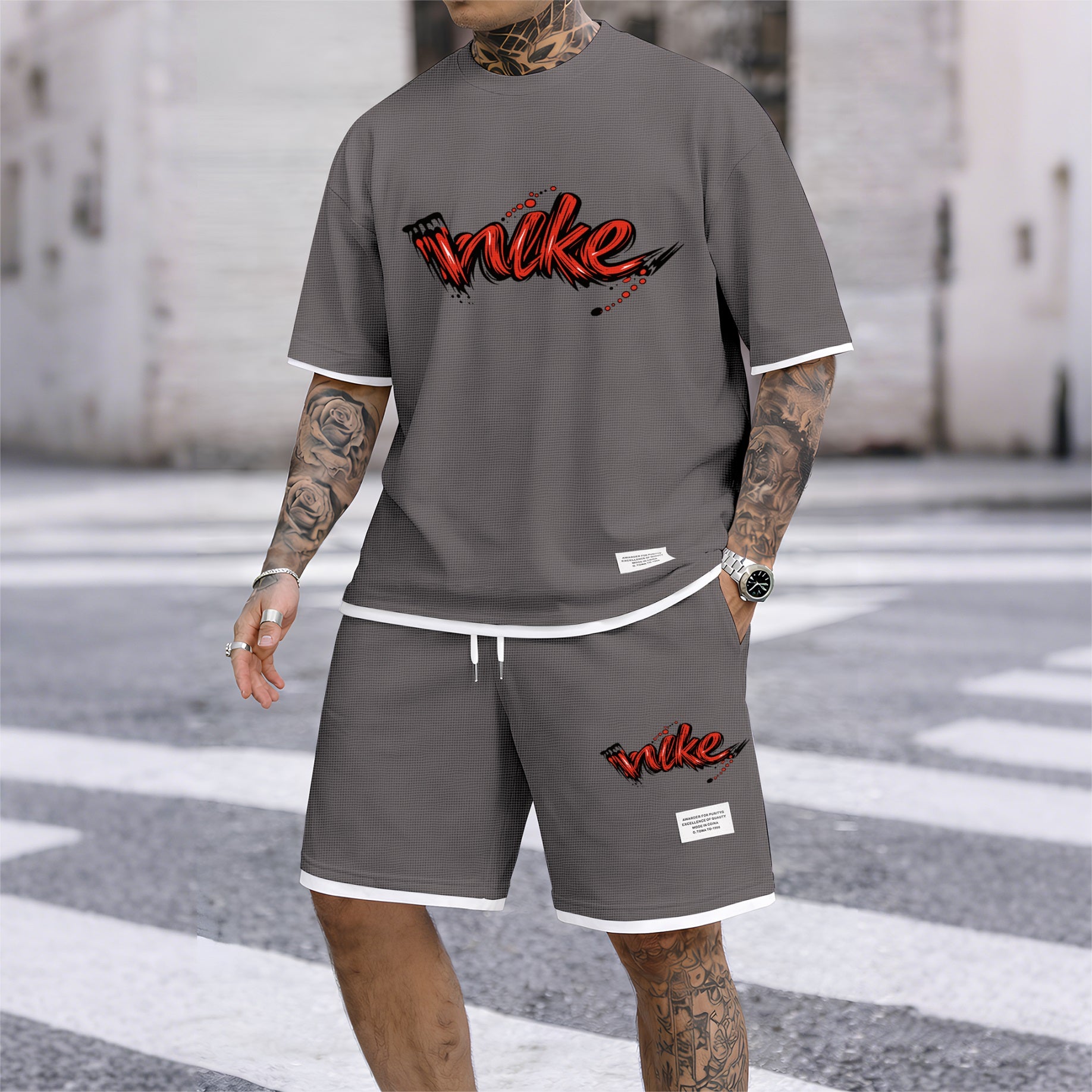 Men's Red Graffiti-Style Art Letter Print Fake Two-Piece Short Sleeve T-Shirt & Shorts Set, Summer Waffle Breathable Sporty Casual Two-Piece Outfit, Streetwear Gym Training Activewear