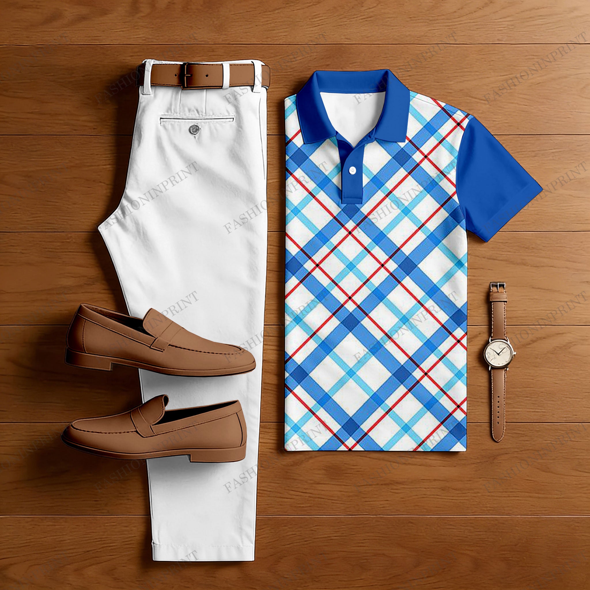 Men's Casual Royal Blue & White Color Matching Checkered Printed Short Sleeved Polo Shirt & Trousers Two-Piece Set