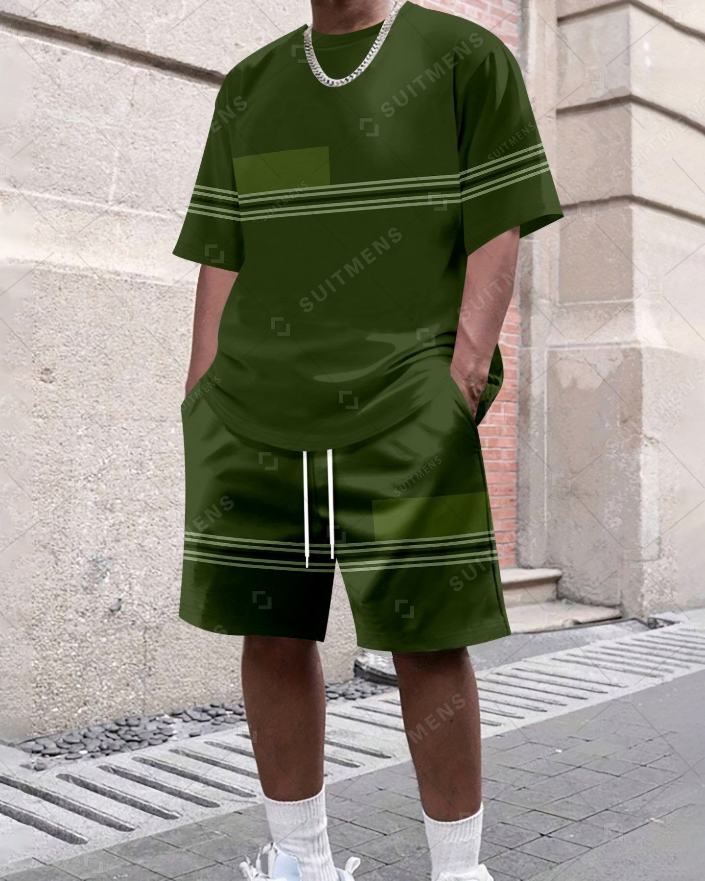Men's Summer Colorblock Printed Round Neck Set 418