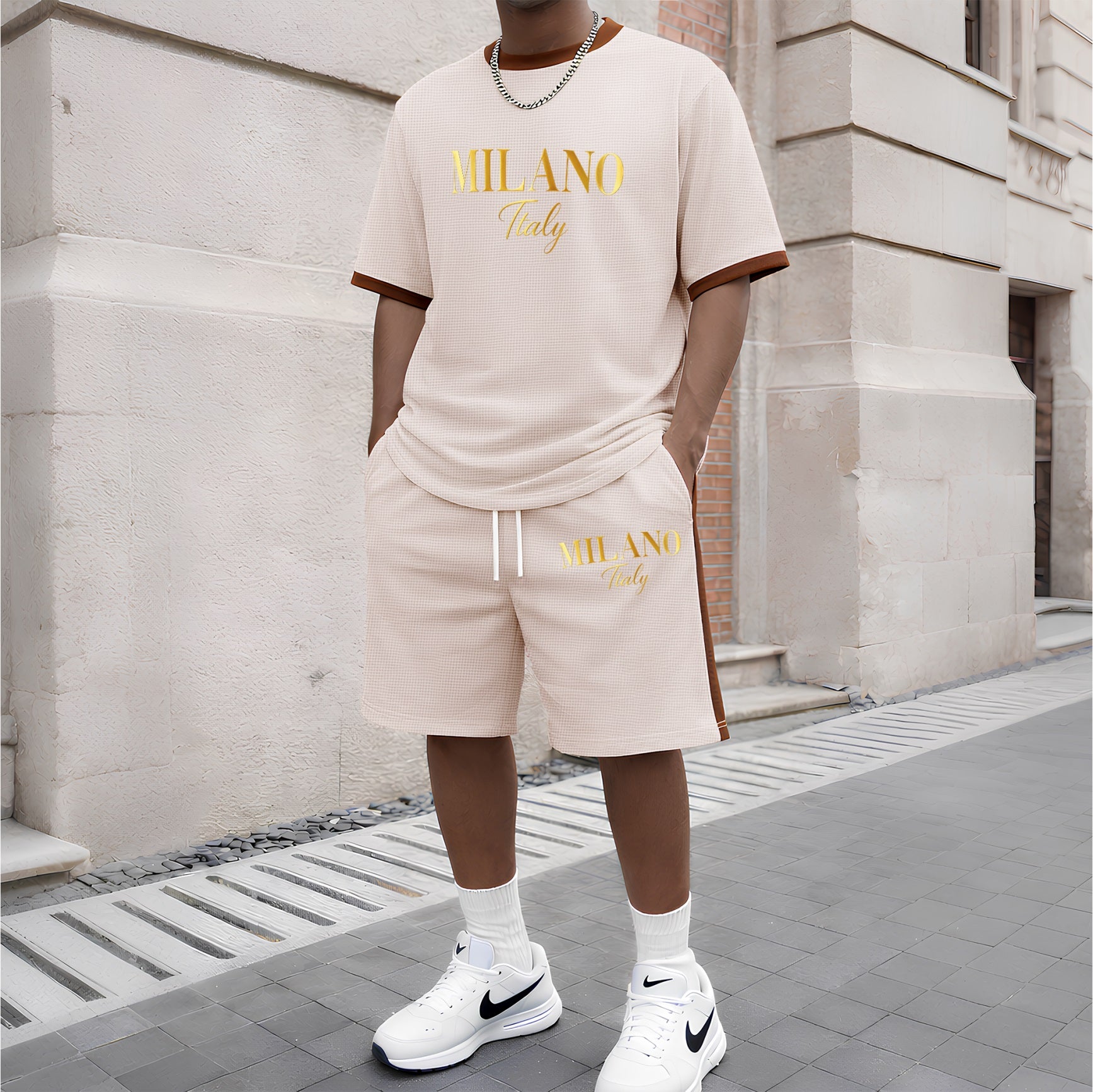 Men's Milan Letter Pattern Short-Sleeve T-Shirt and Drawstring Shorts Set, Men's Clothing, Casual Sportswear Short-Sleeve Top and Shorts, Summer Men's Everyday Wear, Indoor and Outdoor Sportswear, Sports Set