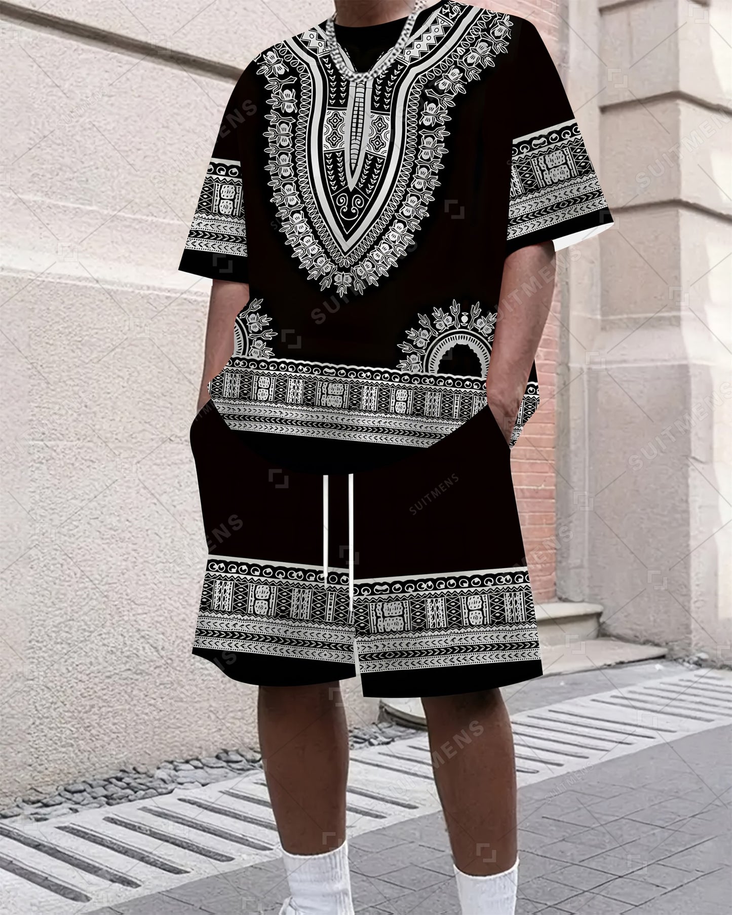 Men's Summer Retro Ethnic Print Round Neck Set 273