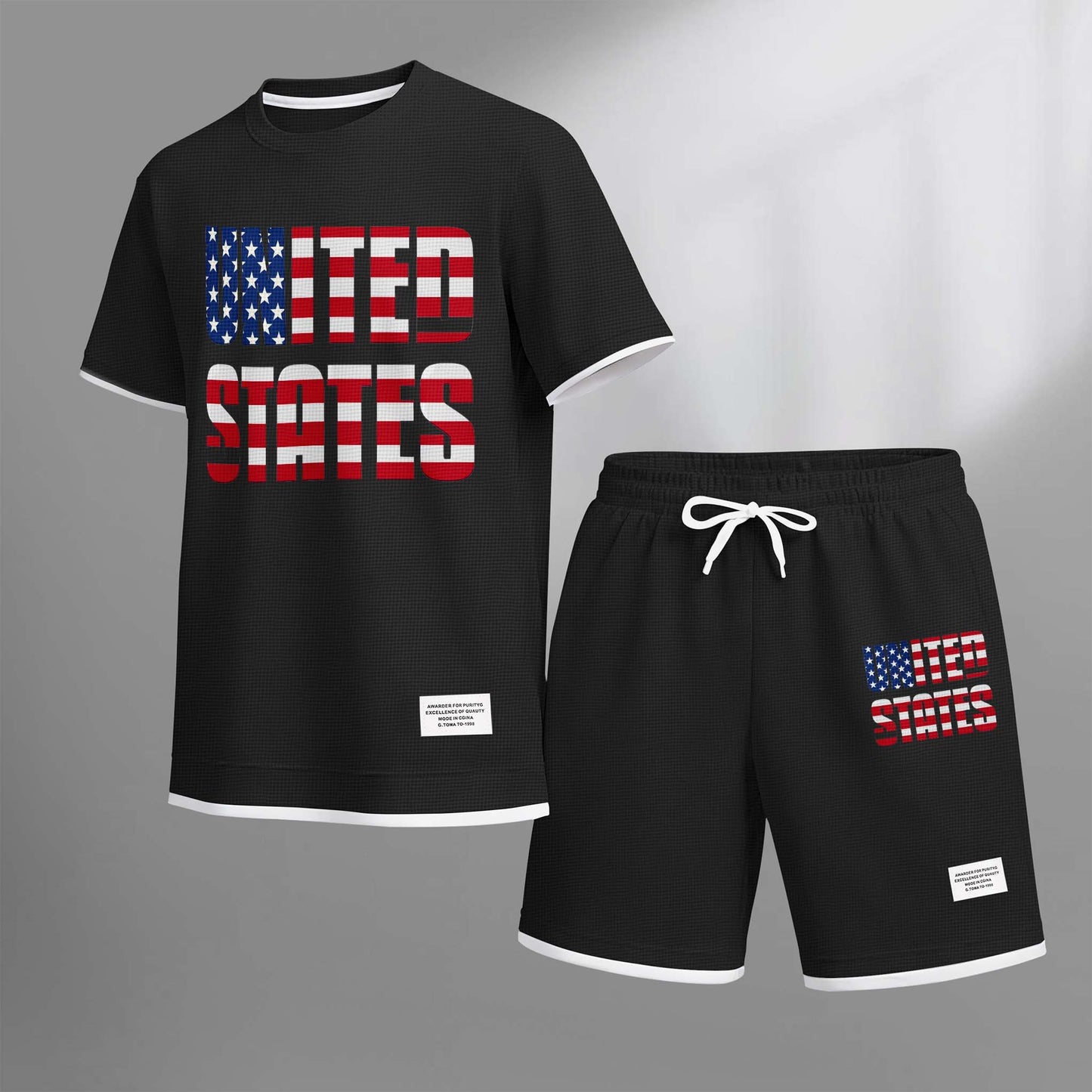 Men's United States Print Drawstring Shorts Set For Spring/Summer. A Casual Summer Outfit, Including A Short-Sleeved Shirt And Shorts, Suitable For Everyday Wear And Sports. A Two-Piece Set For A Relaxed And Energetic Lifestyle.