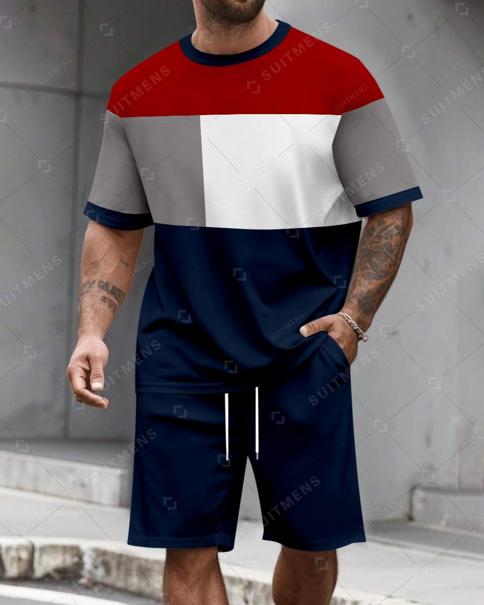 Men's Summer Colorblock Printed Round Neck Set 487