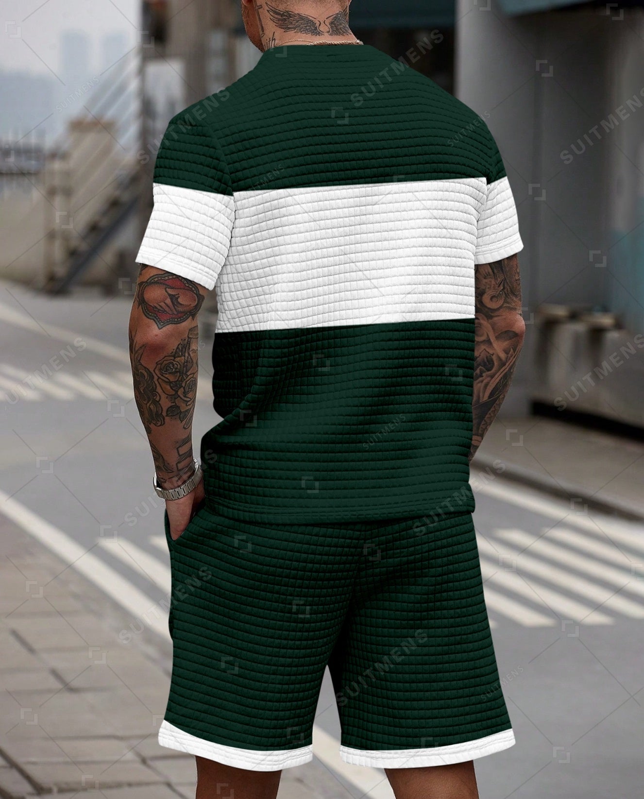 Men's Casual Waffle Textured Summer Round Neck Short Sleeve Shorts Set 0011