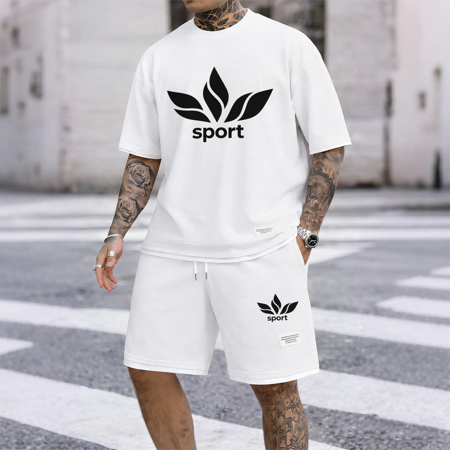 Men's Sport Graphic Print Short Sleeve Shirt and Drawstring Shorts Set, Casual Summer Two-Piece Outfit, Lightweight Breathable Relaxed Fit Athletic Set for Daily Wear, Beach, Vacation, Travel and Loungewear
