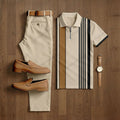 Men's Casual Apricot Color Matching Striped Printed Short Sleeved Polo Shirt & Trousers Two-Piece Set