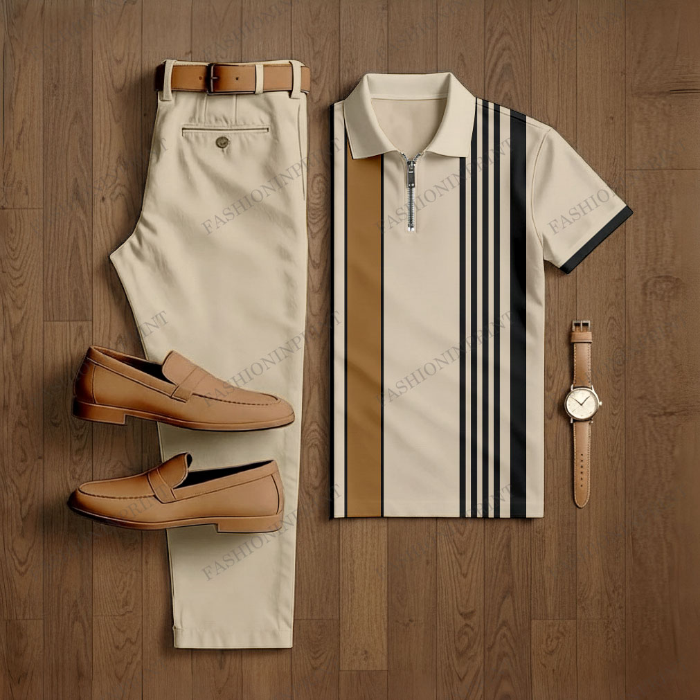 Men's Casual Apricot Color Matching Striped Printed Short Sleeved Polo Shirt & Trousers Two-Piece Set