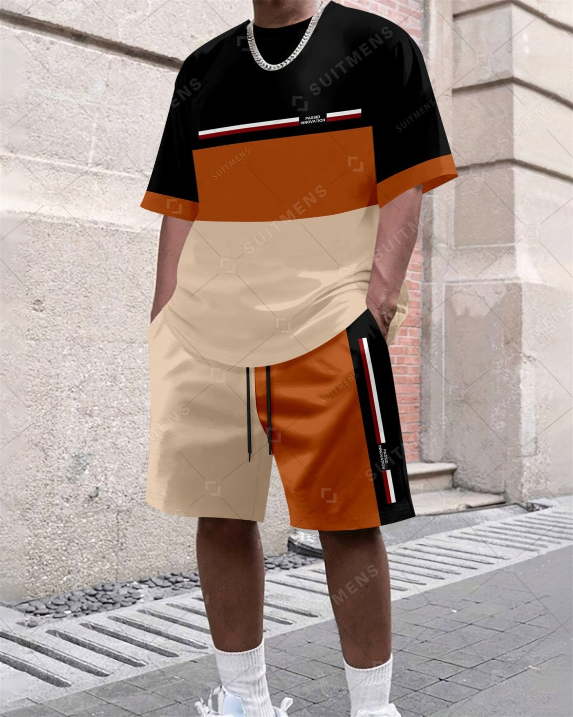 Men's Summer Colorblock Printed Round Neck Set 386