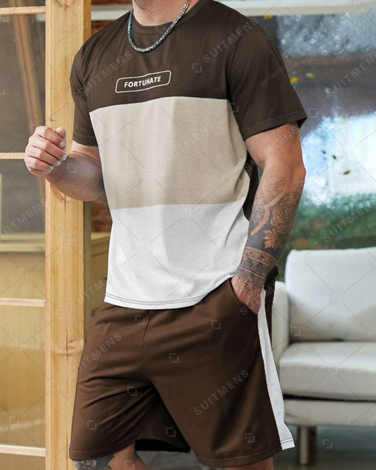 Men's Summer Color Matching Print Round Neck Set 227