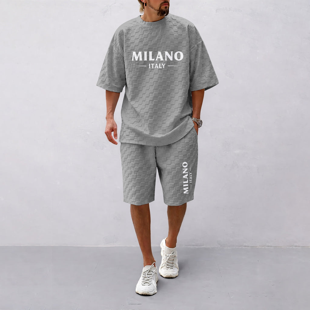 Men's Spring and Summer Milan Letter Print Checkered Fabric Drawstring Shorts Set, Casual Summer Outfit with Short-Sleeved Shirt and Shorts, Ideal for Everyday Wear and Sports Activities.