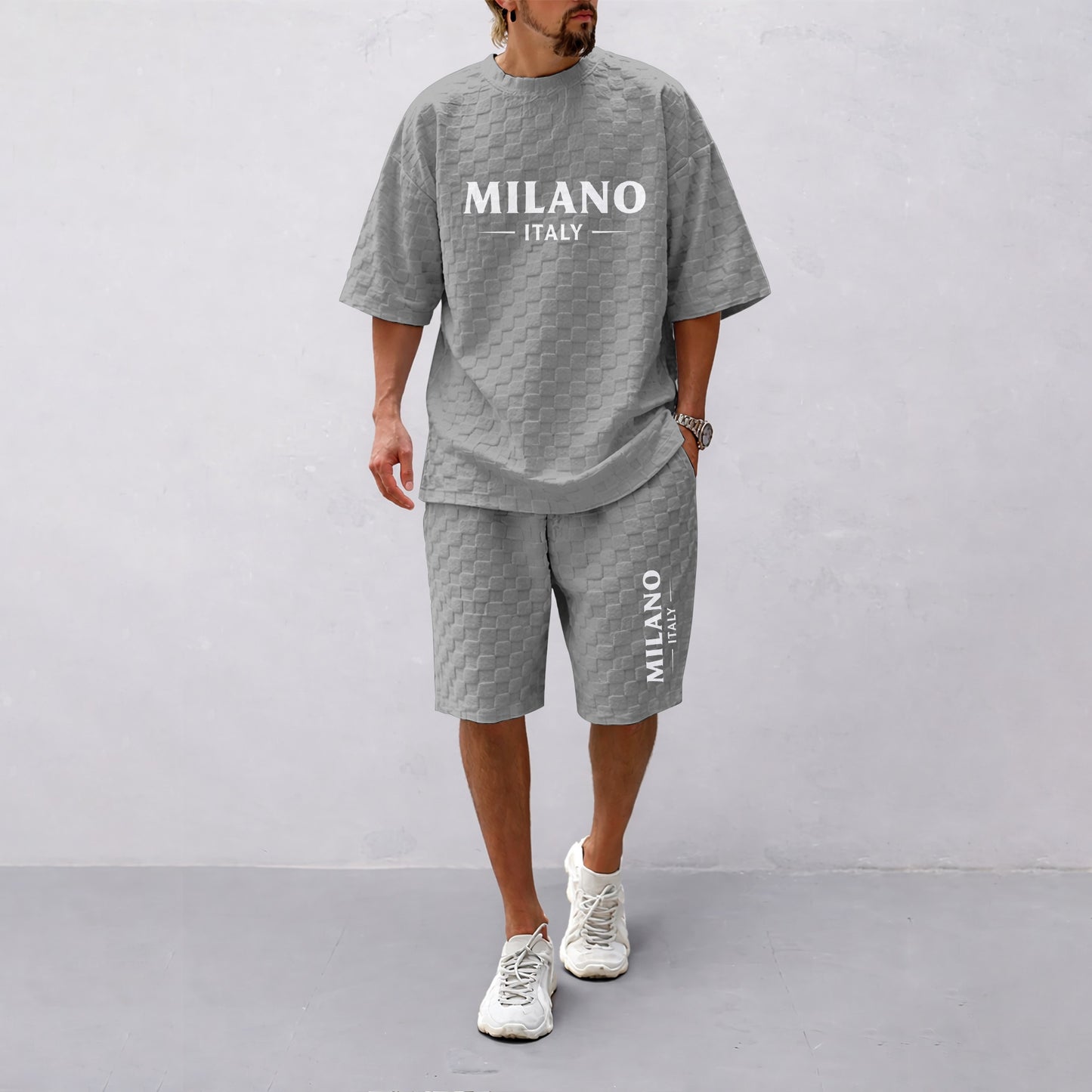 Men's Spring and Summer Milan Letter Print Checkered Fabric Drawstring Shorts Set, Casual Summer Outfit with Short-Sleeved Shirt and Shorts, Ideal for Everyday Wear and Sports Activities.