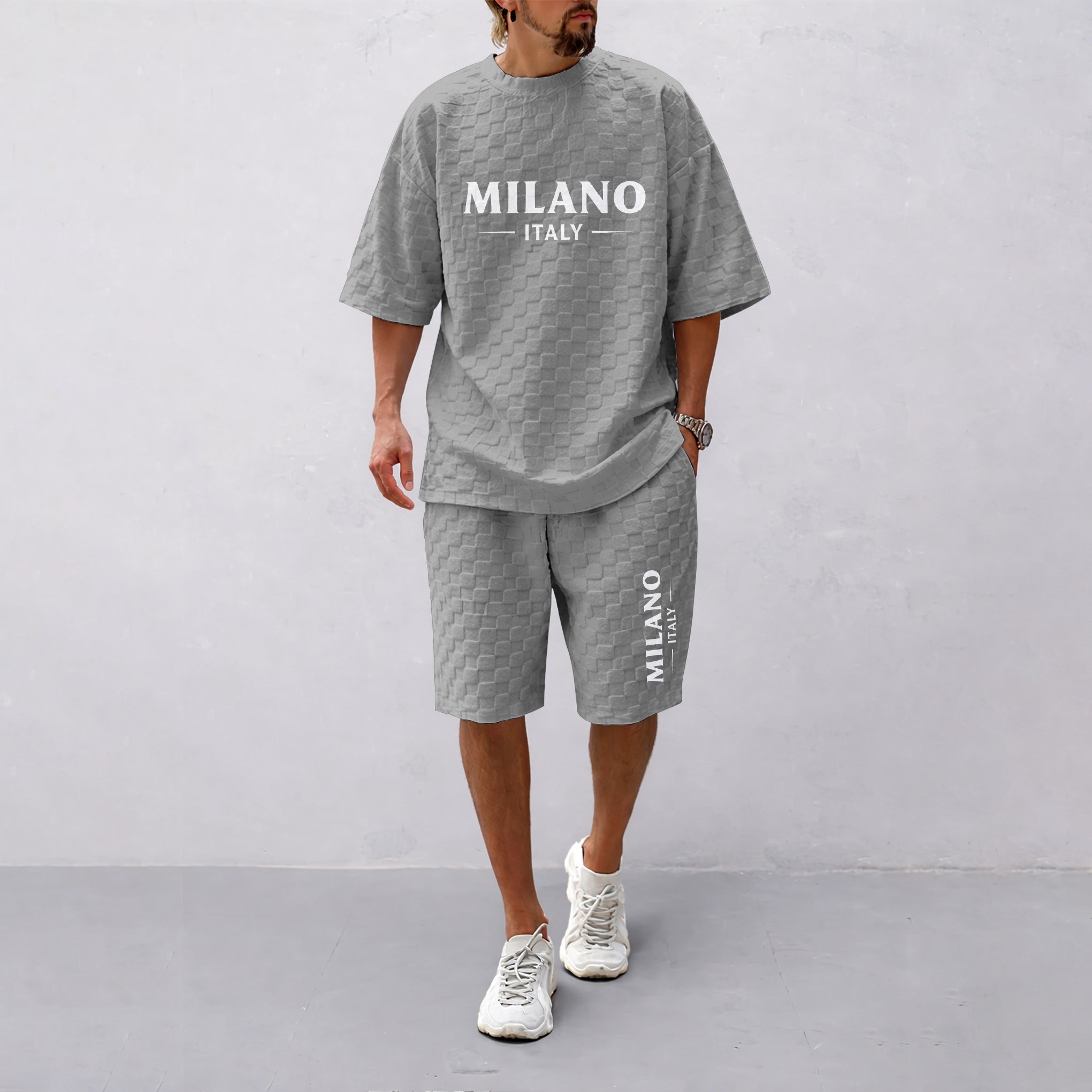 Men's Spring and Summer Milan Letter Print Checkered Fabric Drawstring Shorts Set, Casual Summer Outfit with Short-Sleeved Shirt and Shorts, Ideal for Everyday Wear and Sports Activities.
