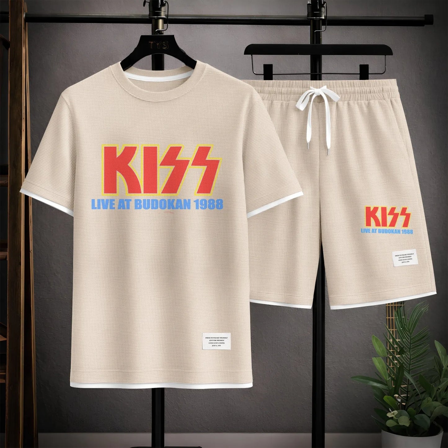 Men's KISS Print Short Sleeve Shirt and Drawstring Shorts Set, Casual Summer Two-Piece Outfit, Lightweight Breathable Relaxed Fit Athletic Set for Daily Wear, Beach, Vacation, Travel and Loungewear