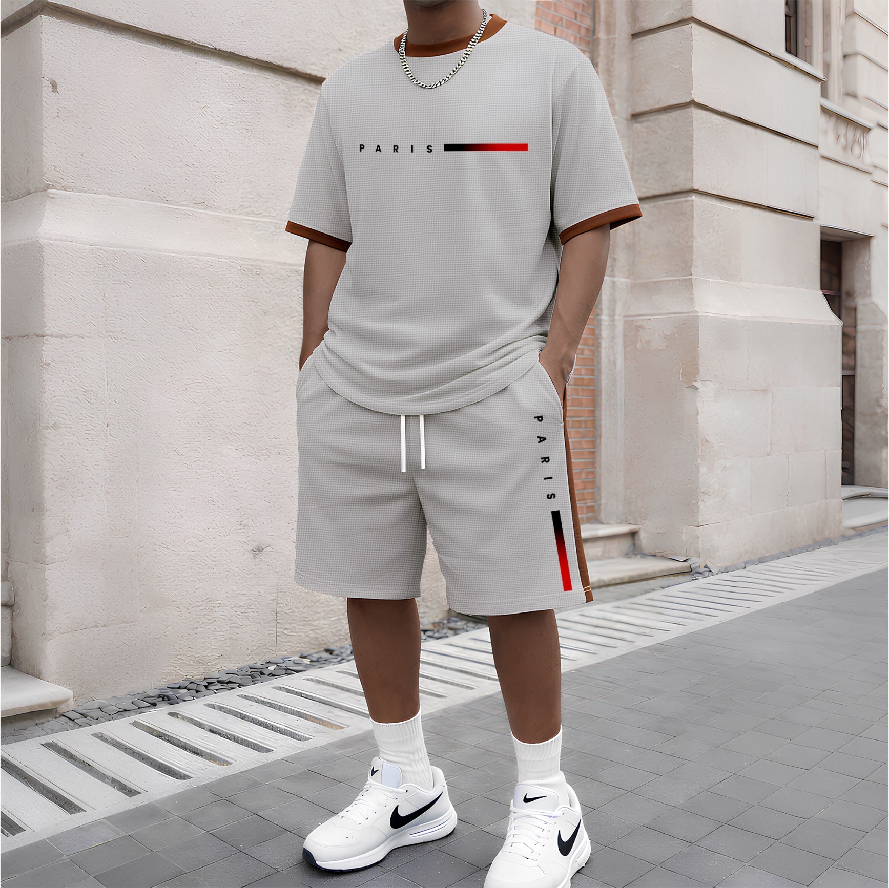 Men's Paris Print Short-Sleeved T-Shirt And Drawstring Shorts Set, Men's Casual Sportswear, Short-Sleeved Top And Shorts, Suitable For Summer Daily Wear, Indoor And Outdoor Sports, Athletic Set.