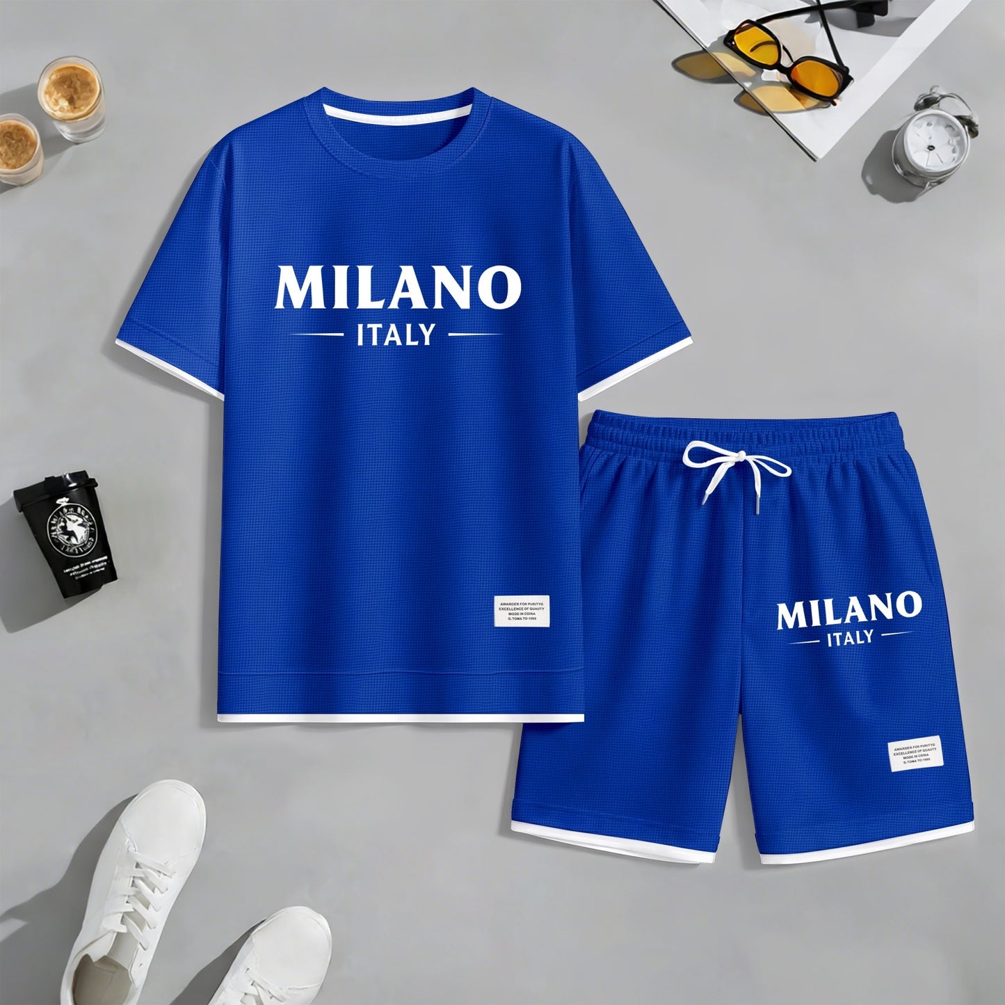 Men's Milan print drawstring shorts set for spring/summer, a casual summer outfit including a short-sleeved shirt and shorts, suitable for everyday wear and sports. A two-piece set for a relaxed and energetic lifestyle.