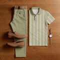 Men's Casual Khaki & White Color Matching Striped Printed Short Sleeved Polo Shirt & Trousers Two-Piece Set
